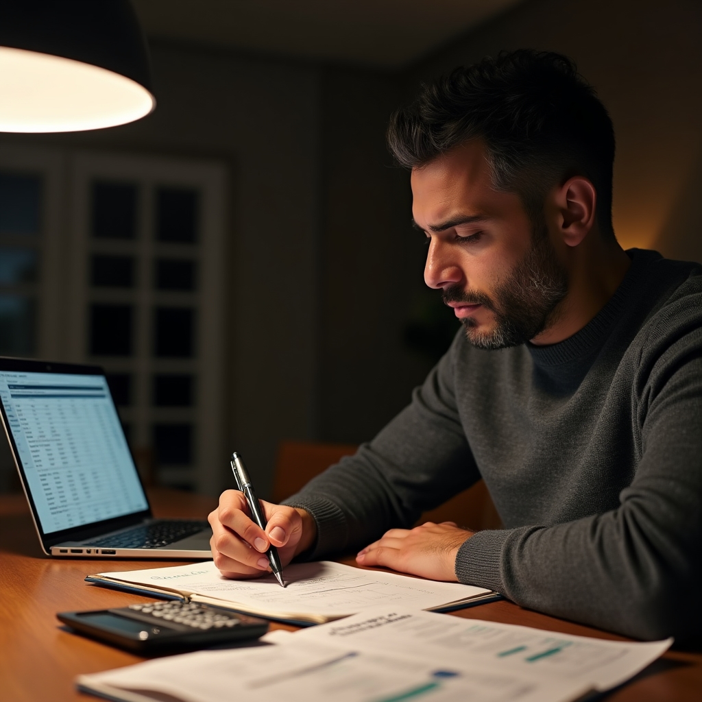Person writing a personal budget plan with charts and notebook